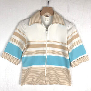 VTG EL MAR‎ 70s MCM Top Women's Sz S Striped Full Zip 1/2 Sleeve Collar Knit
